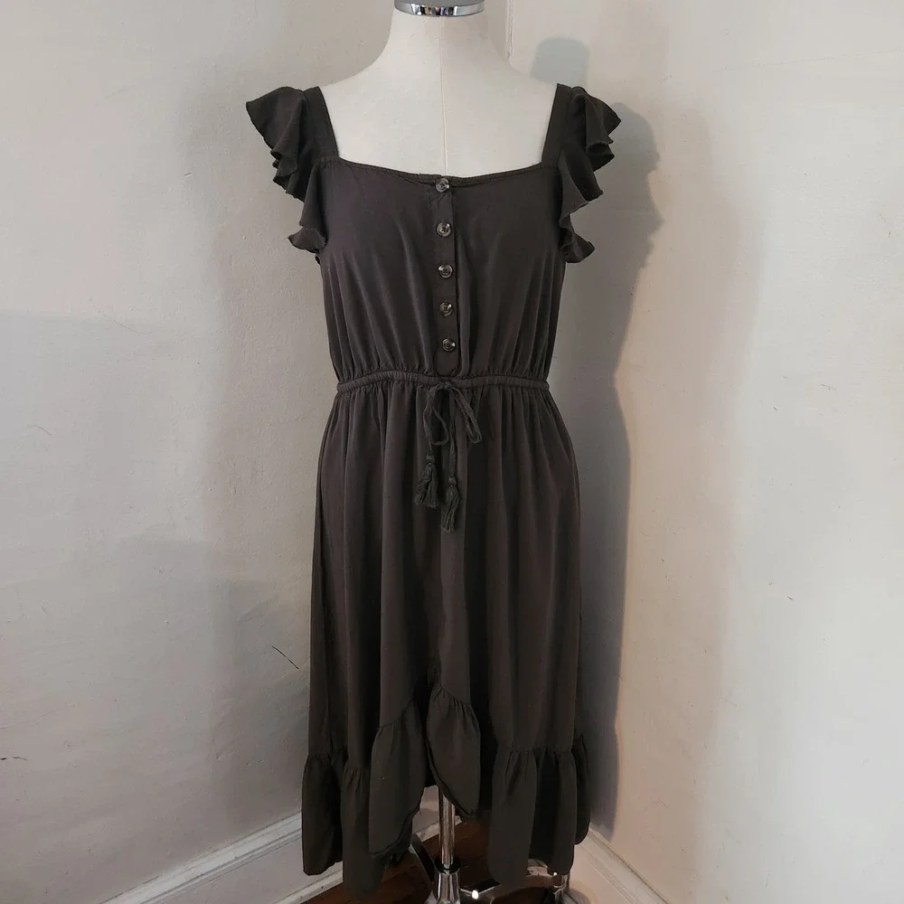 Indigo Rose Olive Green Ruffle Flutter Sleeve Button Front Midi Dress Large L - Picture 1 of 5